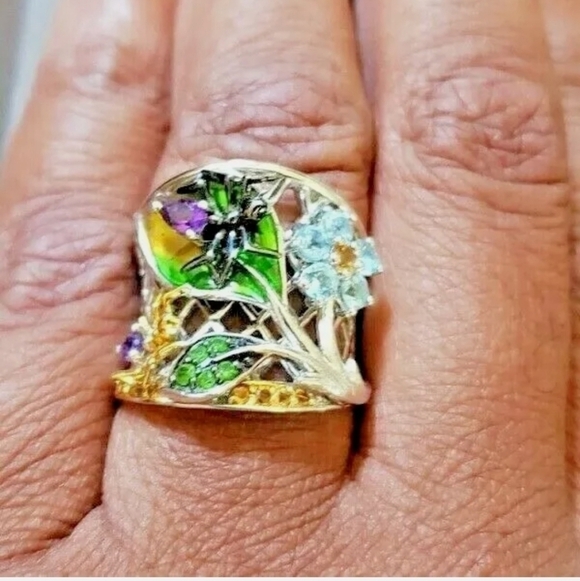 Amethyst, Citrine, Chrome Diopside, Topaz Nature Ring Plat over Sterling… - Picture 2 of 11